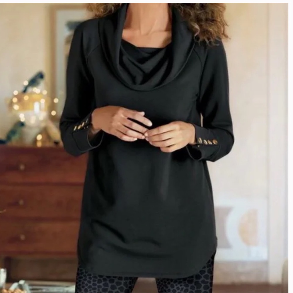 Soft Surroundings Tunic Womens Black Valerie Tunic Top Cowl Neck Pullover Size L